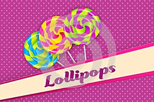 Sweet candy Colorful  Lollypops on the Violet  background. Vector isolated illustration with shadows. photo